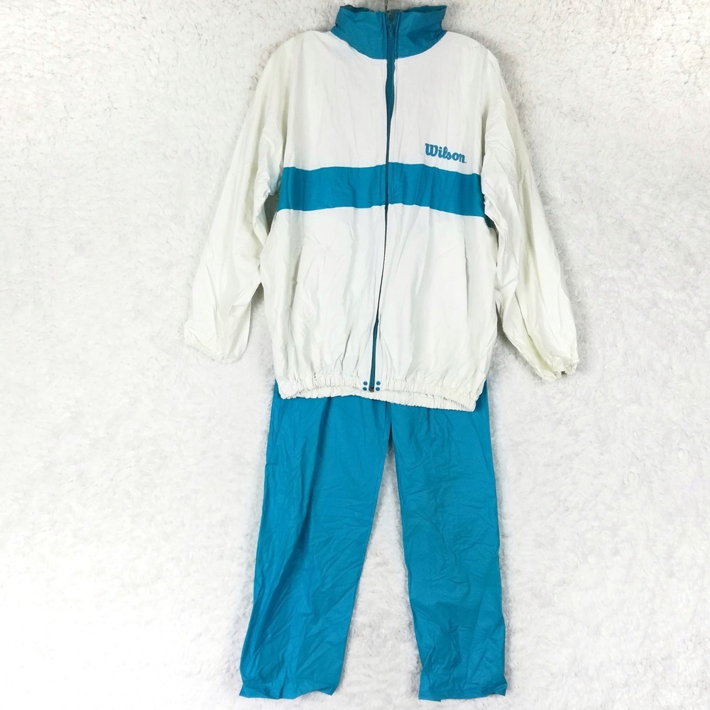 Vtg Wilson Mens Rain Jacket Set Pants Track Suit Tennis Vented White Turquoise M